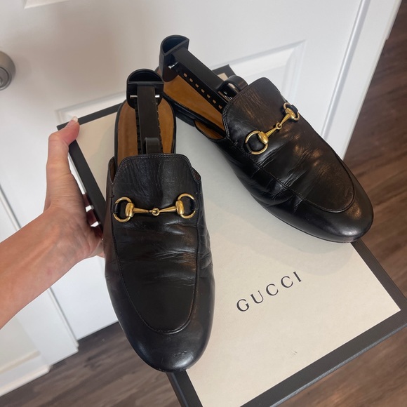 Authentic GUCCI PRINCETOWN LEATHER SLIPPER slides mules black gold 38.5 loafers - Picture 12 of 16